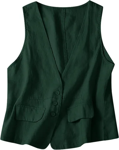Miniatura 54 de COTECRAM Chaleco de lino de algodón para mujer, casual, sin mangas, con botones, ligero, para verano, holgado, ropa de abrigo