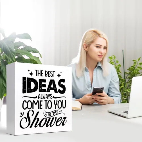Miniatura 7 de z-crange Letrero de madera con texto en inglés «The Best Ideas Always Come to You in The Shower » para decoración de escritorio, divertido letrero