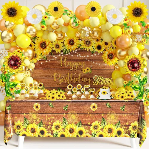 Paquete de decoración de fiesta de cumpleaños de girasol (incluye telón de fondo, mantel, girasoles artificiales y una guirnalda, decoración de