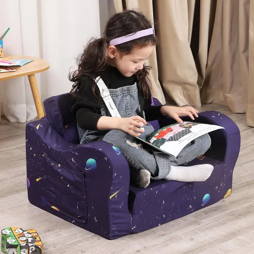 Miniatura 4 de MOMCAYWEX Sofá para niños, sofá de espuma abatible 2 en 1, silla plegable suave para juegos, color morado oscuro Púrpura oscuro