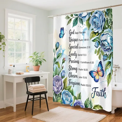 Miniatura 7 de Cortina de ducha con versículo bíblico con cita inspiradora, cortinas de ducha cristianas azules florales para bañera, decoración del hogar, tela
