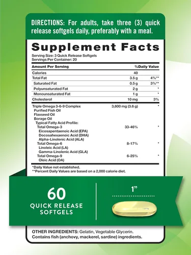Miniatura 2 de Nature's Truth Triple Omega 3-6-9 cápsulas blandas 3600 mg 60 unidades Aceites de pescado, lino, borraja Suplemento sin OMG y sin gluten