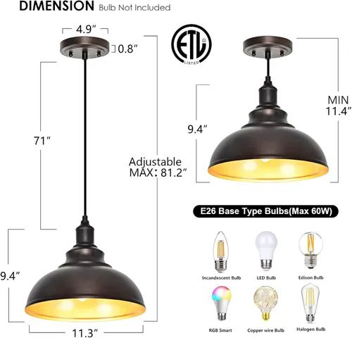 Miniatura 3 de Paquete de 3 Luces Colgantes de Estilo Granja Ajustables Iluminación Colgante para Isla de Cocina Industrial Luces Colgantes de Granero Sobre Isla