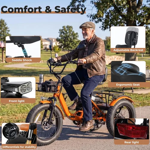 Miniatura 7 de Electric Tricycle for Adults 750W(Peak 1350W) 48V15.6Ah Etrike 20"x4" Fat Tire Electric Trike 3-Wheel Aluminum Alloy Folding Electric Tricycle Max