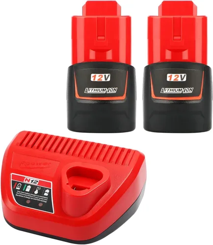 TENMOER Paquete de 2 baterías de 12V 3.0Ah compatibles con batería Milwaukee 12V con kit de arranque y cargador (no fabricado en Milwaukee)
