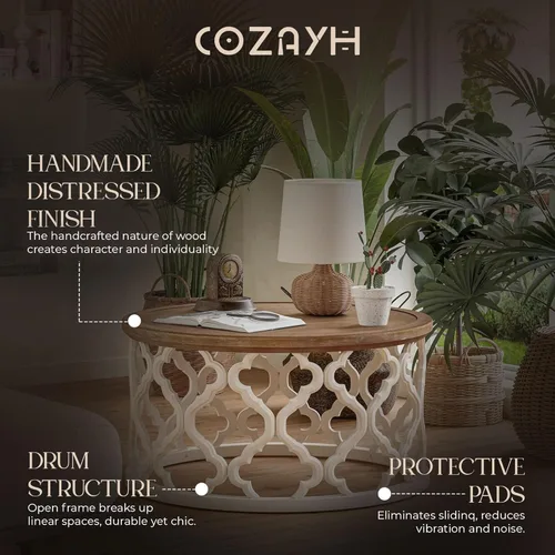 Miniatura 4 de COZAYH Mesa de centro redonda de granja, bandeja de madera envejecida con base curvada, mesa rústica bohemia para sala de estar, color blanco