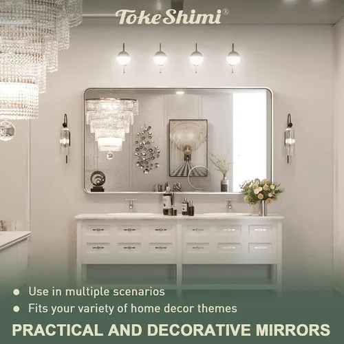 Miniatura 7 de TokeShimi - Espejo rectangular para pared de baño, con marco de metal de latón cepillado, esquinas redondeadas, se cuelga horizontal o Plata