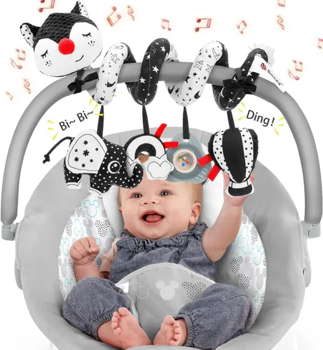 Juguetes para asiento de coche y cochecito: juguete de asiento de automóvil en blanco y negro, juguetes de bebé de alto contraste, juguete de