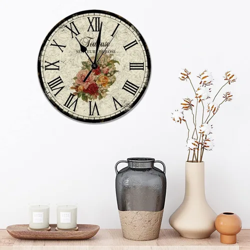 Miniatura 3 de Toulouse Senteurs De Rose - Reloj de pared de PVC, diseño floral francés, redondo, funciona con pilas, cuarzo silencioso, 10 pulgadas, rústico