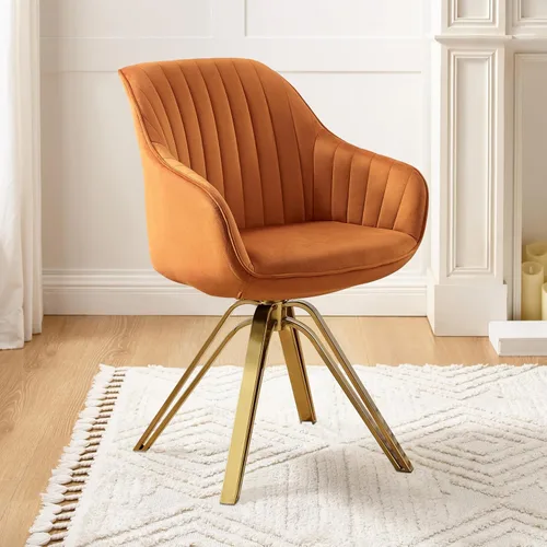 Miniatura 10 de Art Leon Silla giratoria moderna de mediados de siglo, silla de escritorio sin ruedas, sillón tapizado de tela con patas doradas, blanco roto Blanco