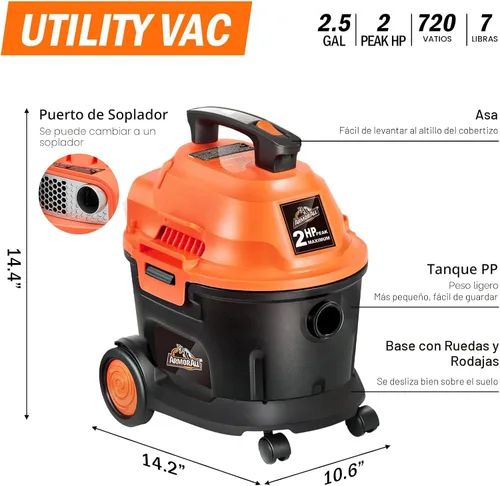 Miniatura 3 de Armor All AA255W Aspiradora utilitaria húmeda/seca de 2.5 galones, 2.5 galones, 120 voltios (CA), naranja/negro