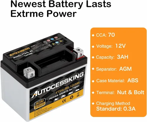 Miniatura 3 de Autocessking YTX4L-BS - Batería de motocicleta de 12V 3Ah recargable, libre de mantenimiento, sellada AGM, batería de reemplazo para Powersport, ATV