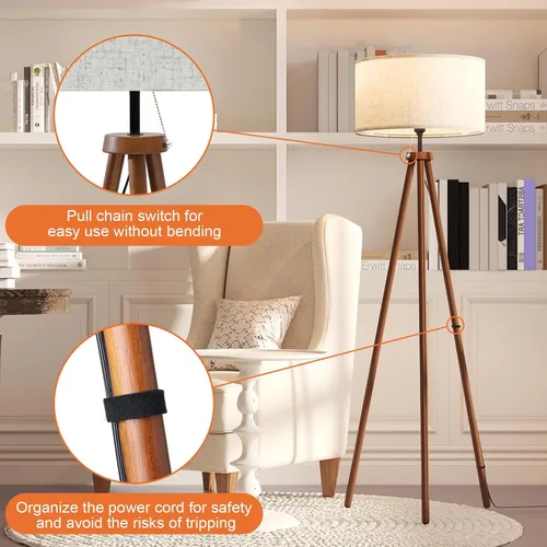 Miniatura 4 de LiteHistory Lámparas de pie de trípode de madera para sala de estar, dormitorio y oficina, lámpara de pie con pantalla de lino beige, bombilla