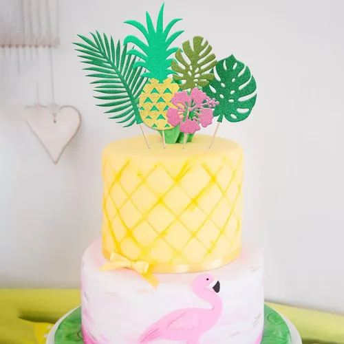 Miniatura 6 de 7 piezas de hojas tropicales con purpurina para tartas, plantas verdes de la selva, paletas, hojas de palmera, decoración de pasteles para verano