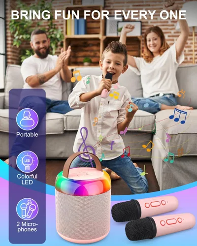 Miniatura 2 de Mini máquina de karaoke para fiestas de juguete para niños, altavoz portátil de juguete de karaoke LED con 2 micrófonos inalámbricos para niñas