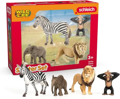 Miniatura 3 de Schleich Wild Life - Juego de 4 figuras de animales de safari con cebra, mono, elefante y león - Figuras realistas de animales africanos para niños