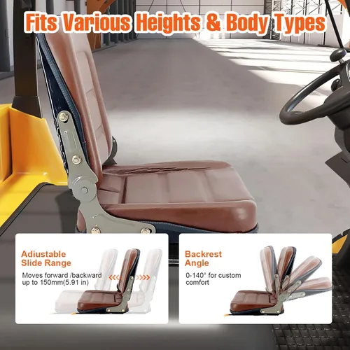 Miniatura 3 de Asiento de tractor de suspensión de PVC con respaldo ajustable de 140° Marrón Se adapta a carretilla elevadora de excavadora, tractor, cargador