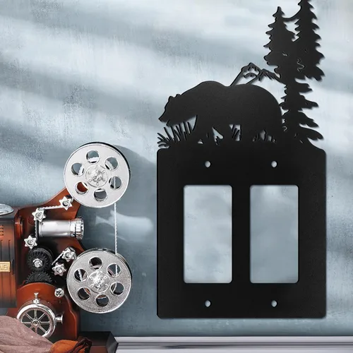 Miniatura 2 de Cubierta de Interruptor de Luz de Oso de Metal Alce Árbol Montaña Alce Placa de Interruptor de Luz Negra Cubierta de Enchufe de Bosque Interruptor