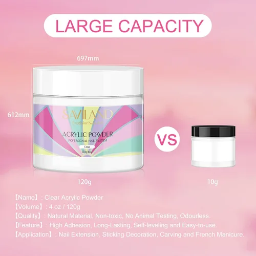 Miniatura 2 de SAVILAND Polvo acrílico transparente para uñas superduras – 4.23 oz/120 g de polvo acrílico profesional para uñas, gran capacidad para arte de uñas