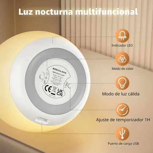 Miniatura 7 de MediAcous Luz nocturna para niños, Luz de Huevo para Bebé para guardería, 7 colores cambiantes y atenuación continua, lámpara nocturna táctil