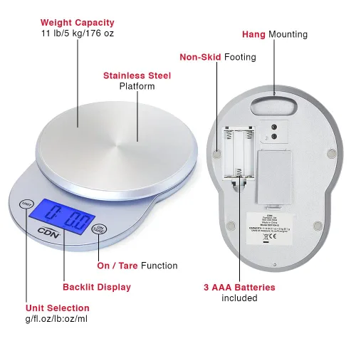 Miniatura 2 de CDN ProAccurate® - Báscula digital de cocina de 11 libras, capacidad de 11 libras, pantalla retroiluminada fácil de leer, acero inoxidable, perfecta