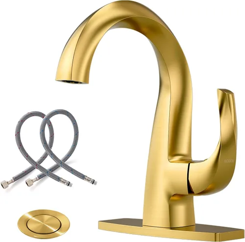 Miniatura 13 de WOWOW Grifo de Baño de Una Sola Manija 1 Agujero Arco Alto Lavabo de Baño Bronce Aceitado Frotado con Desagüe Emergente, Grifo de Lavabo de Baño
