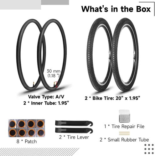 Miniatura 5 de Juego de neumáticos y tubos de bicicleta de 20 x 1.95, paquete de 2 neumáticos de bicicleta de montaña de 20 pulgadas con tubos interiores de 20 x