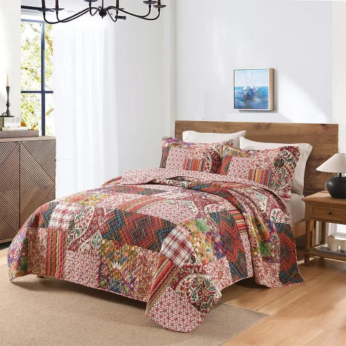 Miniatura 15 de VISIMISI - Juego de colcha de algodón, juego de cubrecama reversible de retazos, 3 piezas, diseño vintage floral de mosaico azul, tamaño queen