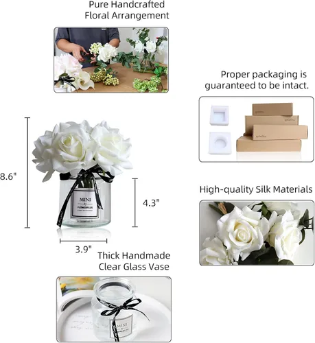 Miniatura 3 de Flores artificiales con rosas blancas en jarrón, flores falsas en tarro de cristal con cinta, arreglos florales de seda en jarrón con flores