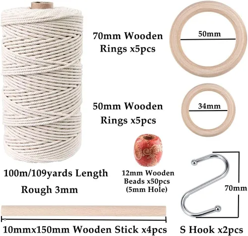 Miniatura 2 de Kits de macramé de 119 piezas para principiantes de 0.118 in x 109 yardas, cuerda de macramé de algodón natural con 100 cuentas de madera, 10