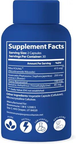 Miniatura 7 de BioImmune Suplemento NAD+. Fórmula exclusiva con RiboYOUNG™ pendiente de patente. Ribosida de nicotinamida, quercetina, resveratrol, activador