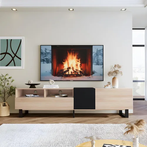 Miniatura 3 de Virubi - Soporte de TV moderno con 3 gabinetes y estantes abiertos, centro de entretenimiento minimalista de madera para televisores de hasta 80