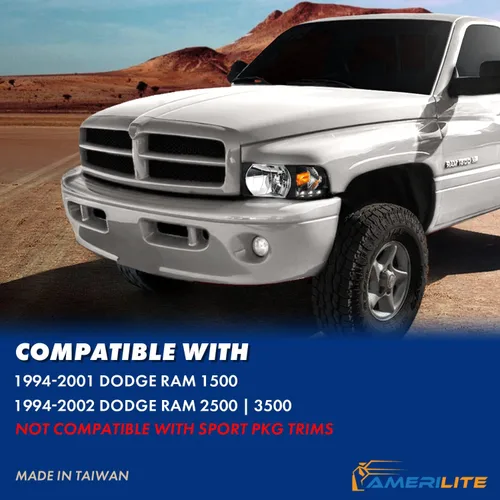 Miniatura 5 de AmeriLite Juego de 1 faro delantero de repuesto negro con lámpara de estacionamiento LED de esquina para Dodge Ram 1500 2500 3500 1994-2001, lado