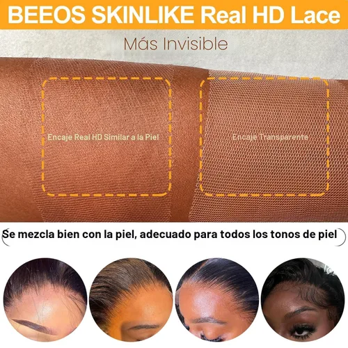 Miniatura 2 de BEEOS 13x4 frontal completo de encaje SKINLIKE real HD, línea capilar vívida prearrancada con nudos blanqueados de 0.10mm, encaje HD ultrafino