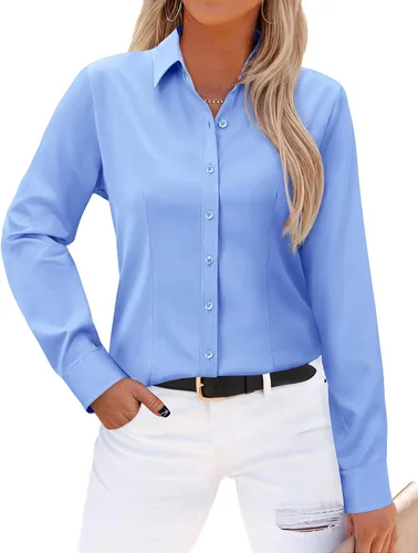 Miniatura 20 de Gleeivy - Camisas abotonadas para mujer, sin arrugas, de manga larga, camisas de vestir casuales con cuello V, ajustadas, de un solo