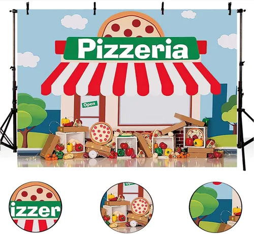 Miniatura 5 de Fondo de fiesta de pizza para niños, tema de cocina, pancarta para fiesta de cumpleaños, pizzería, tienda de comida, verduras, fondo de chef, postre