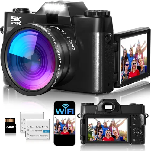 Cámara Digital, Cámaras Digitales UHD 75MP 5K para Fotografía con WiFi, Tarjeta SD de 64GB Cámara de Viaje para Vlogging para YouTube, Con Pantalla
