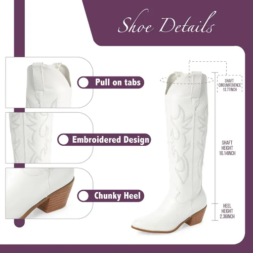 Miniatura 7 de Vimisaoi - Botas vaqueras para mujer, estilo retro, puntiagudas, de meter, pantorrilla ancha, tacón de bloque alto y grueso, bordadas, hasta