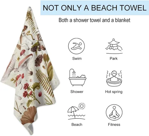 Miniatura 3 de Toalla de playa vintage de hongos, toalla de baño de microfibra antideslizante de secado rápido para adultos y niños, viajes, piscina, playa, baño