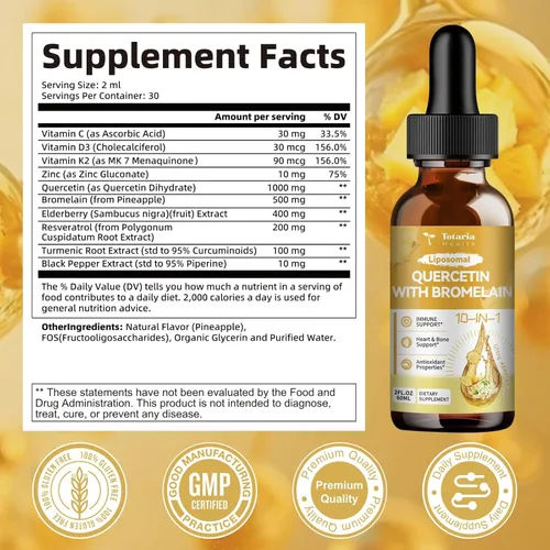 Miniatura 7 de Totaria Quercetina liposomal con gotas líquidas de bromelina, quercetina de alta absorción de 1000 mg y bromelina 500 mg más saúco, vitamina C, zinc