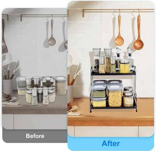 Miniatura 5 de Estante organizador de metal de 2 niveles para baño y cocina, almacenamiento de encimera resistente, organizador de cosméticos y especias debajo