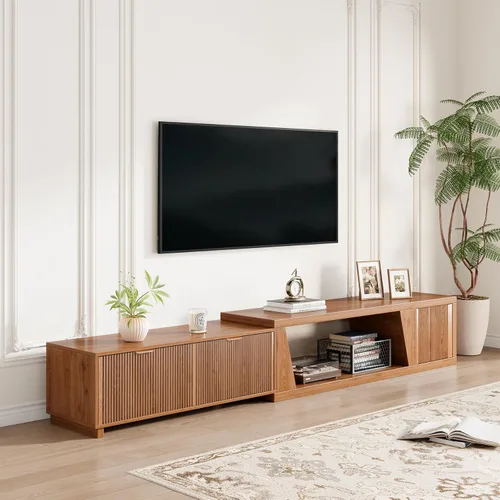 Miniatura 6 de Epecoya Soportes de TV extensibles de 98 pulgadas para sala de estar, soporte de TV extralargo de madera con estante y cajones ajustables, consola