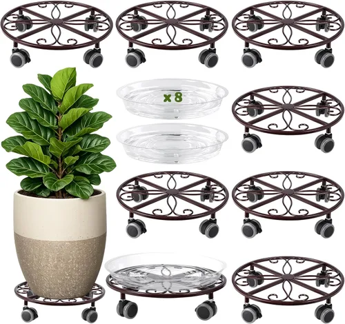Miniatura 11 de Pack de 3 organizadores para plantas con ruedas de alta resistencia de 13.5 pulgadas, soporte metálico con ruedas, plataforma rodante para plantas
