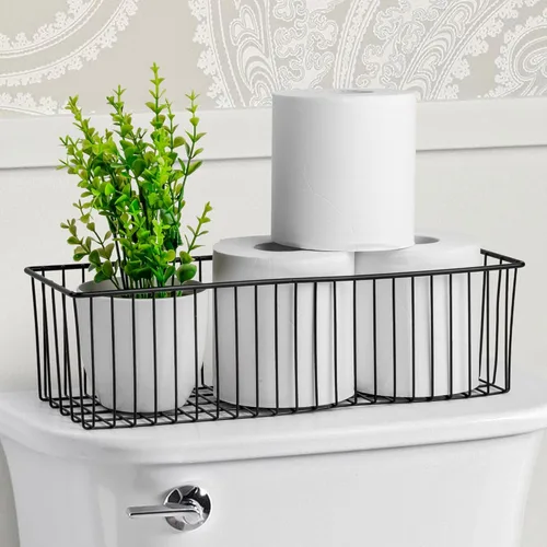 Cesta de papel higiénico (paquete de 1) – Cesta de alambre negro de metal para decoración de cuarto de baño – Cestas de almacenamiento de alambre