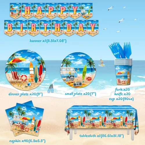 Miniatura 2 de Suministros para fiesta de cumpleaños en la playa, 142 piezas, decoración hawaiana para fiesta de piscina, incluye platos de cena de playa, mantel