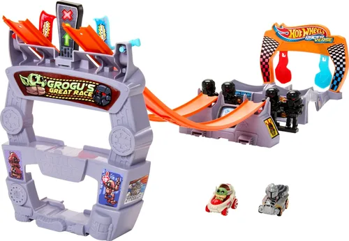 Hot Wheels Star Wars RacerVerse - Juego de pistas de autos de juguete y 2 corredores fundidos a presión, Grogu's Great Race, U44Inspirado en Star