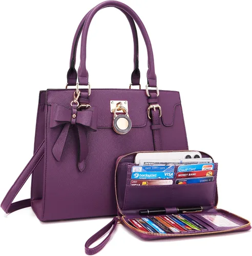 Miniatura 8 de Qiyuer - Bolsos y carteras para mujer, juego de damas con asa superior, bolso de hombro, bolso de trabajo con cartera de embrague a juego, 2 piezas