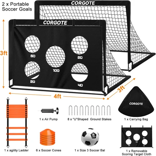 Miniatura 8 de Juego de 2 porterías de fútbol para patio trasero, red de fútbol portátil desplegable de 4 x 3 pies, equipo de entrenamiento de fútbol para niños