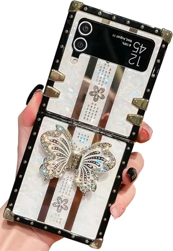 Miniatura 69 de Bonita funda compatible con Samsung Galaxy S22 Ultra, soporte plegable de lujo con diseño de mariposa brillante para mujeres y niñas, funda Blanco