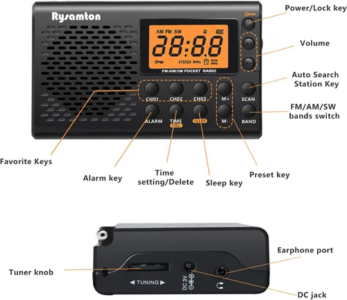 Miniatura 6 de Radio portátil AM/FM/onda corta, radios de bolsillo con pilas, pantalla digital grande, radio reloj con alarma y función de sueño, auriculares